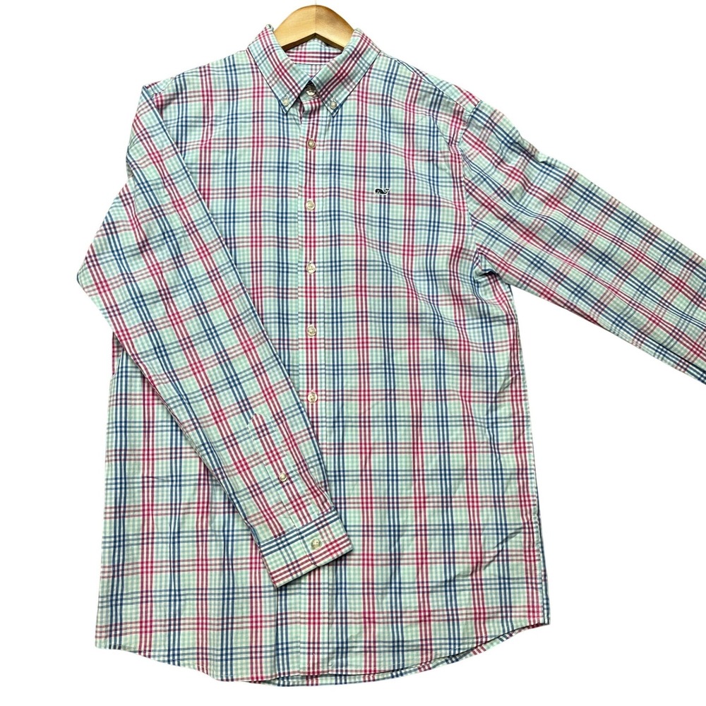Vineyard Vines Button Down Shirt Boy XL 18 Blue Pink Plaid Long Sleeve Whale EUC